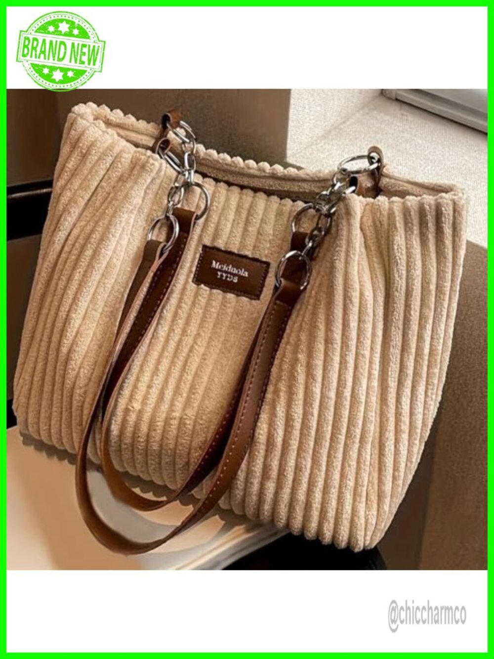 Striped Corduroy Tote Bag Large Capacity Casual Handbag for Work Daily Leisure